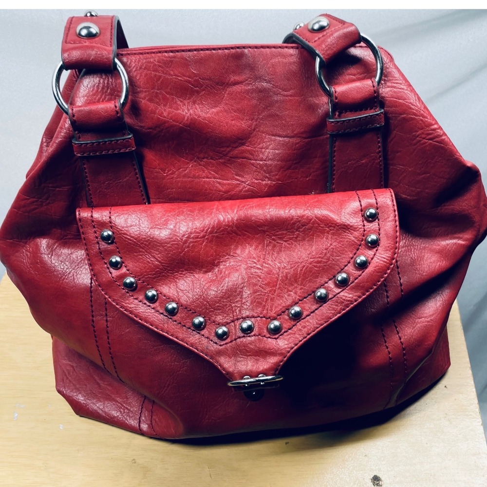Mac & Jac Women Hobo Bag Red Faux Leather Studded Large Edgy Shoulder Purse